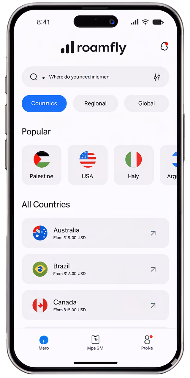 Aplikace roamfly na iPhonu s eSIM destinacemi