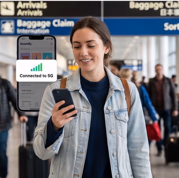 Traveller arriving at baggage claim, phone showing 5G connected