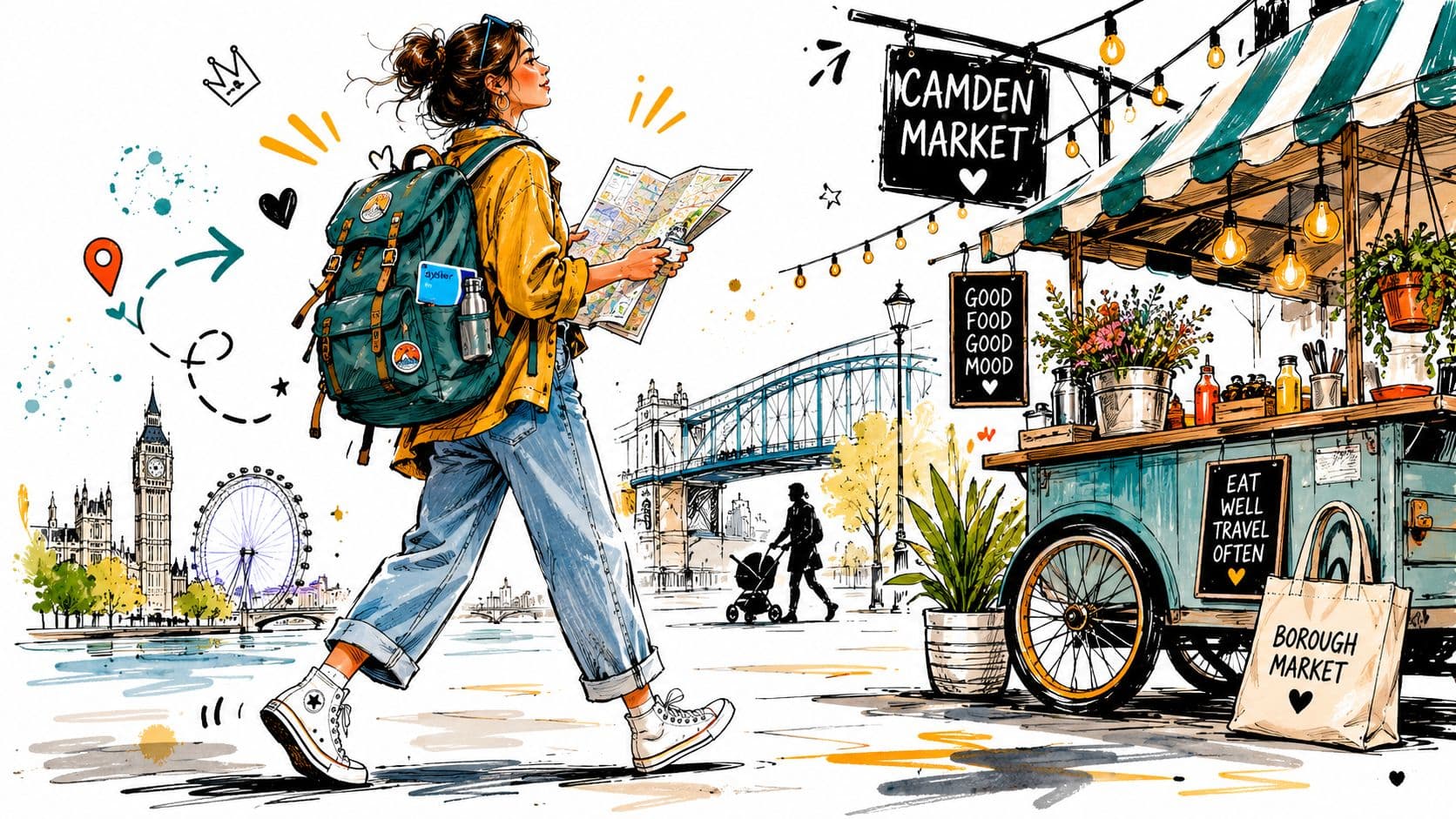 A stylish young woman exploring London, walking past a street food cart with iconic landmarks in the background.