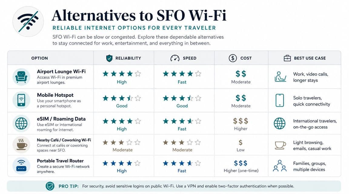 A comparison chart listing various reliable internet connection alternatives for travelers at San Francisco International Airport.