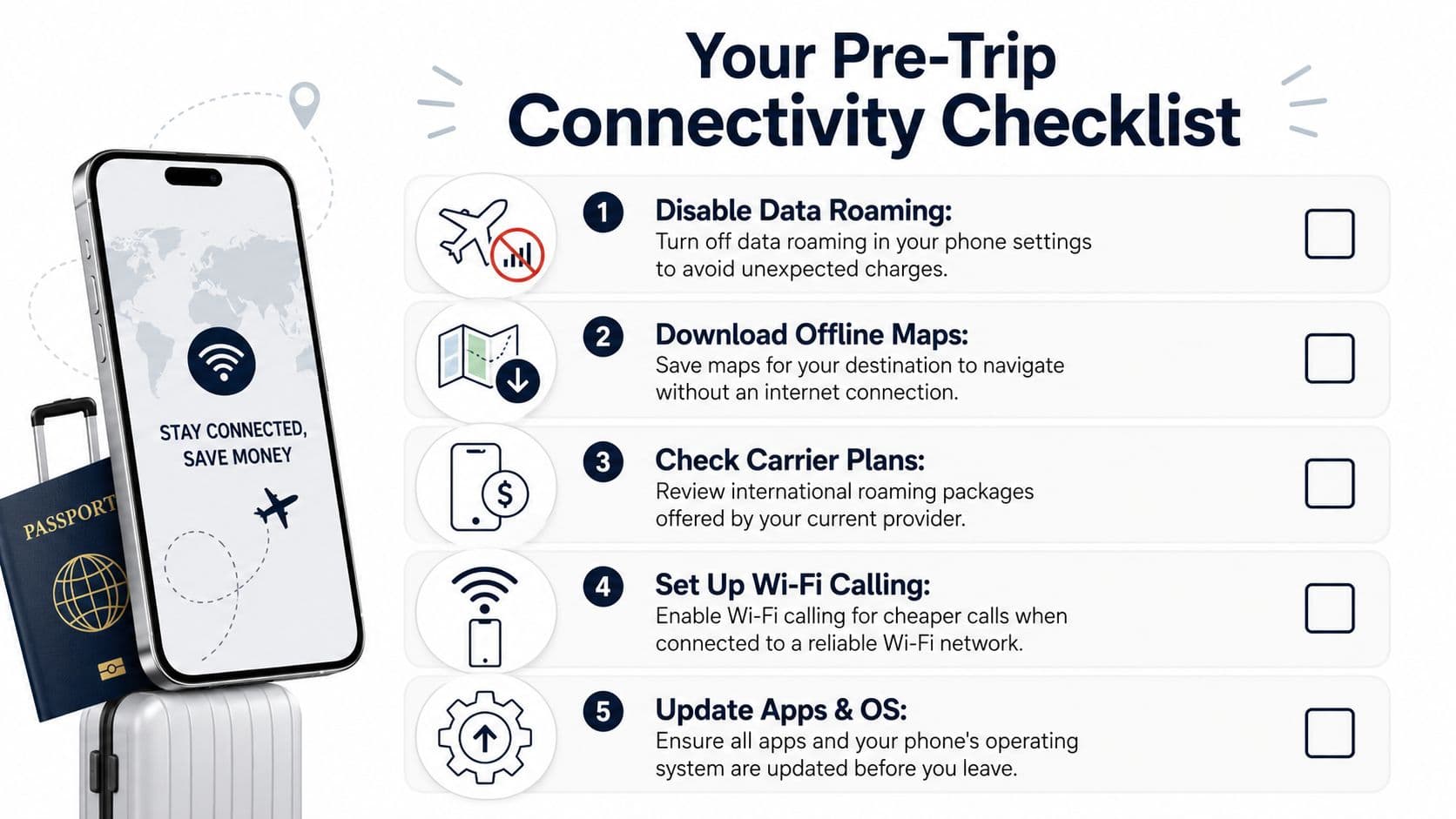 A travel connectivity checklist illustrating five essential steps to manage phone settings and data before international trips.