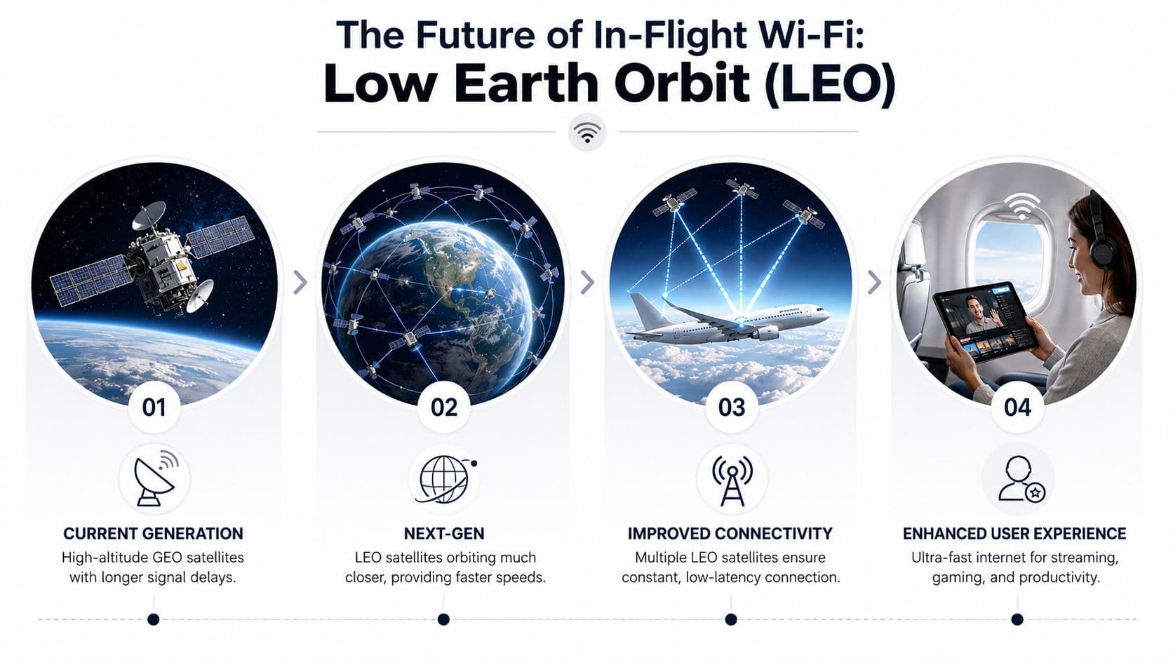 A four-step infographic illustrating the transition from high-altitude GEO satellites to fast low-earth orbit in-flight Wi-Fi.