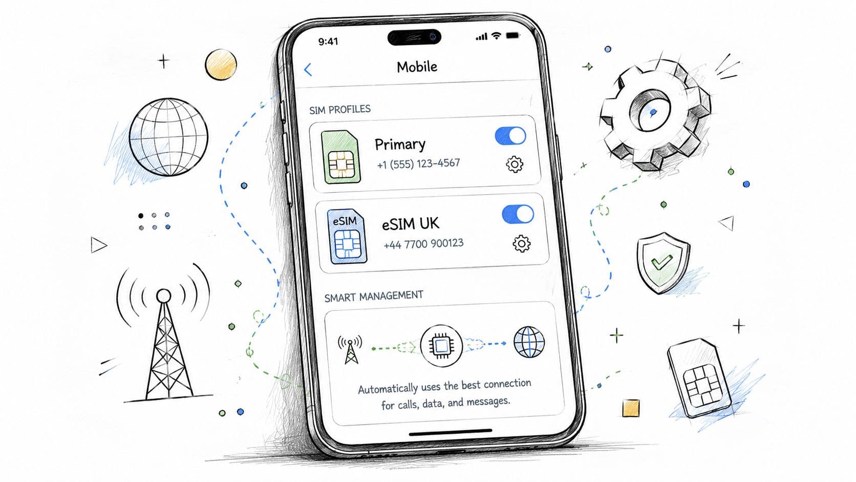 A smartphone display showing mobile SIM settings with Primary and UK eSIM profiles and smart management features.