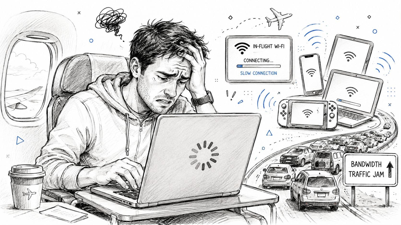 A frustrated traveler on an airplane experiencing slow in-flight Wi-Fi connection depicted as a traffic jam.