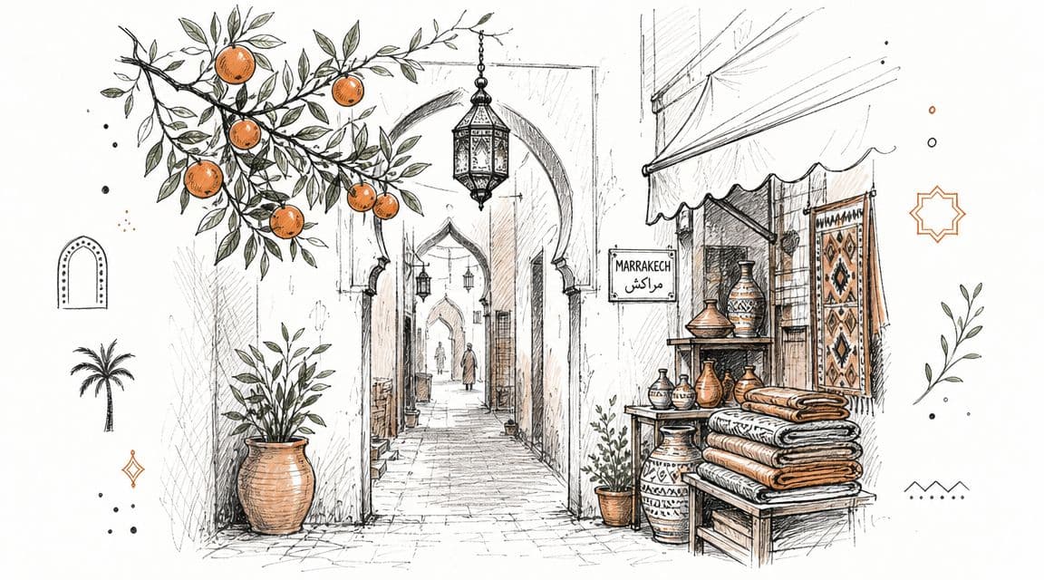 A beautiful sketch of a sunlit Marrakech alleyway featuring an orange tree, ceramics, and traditional textiles.