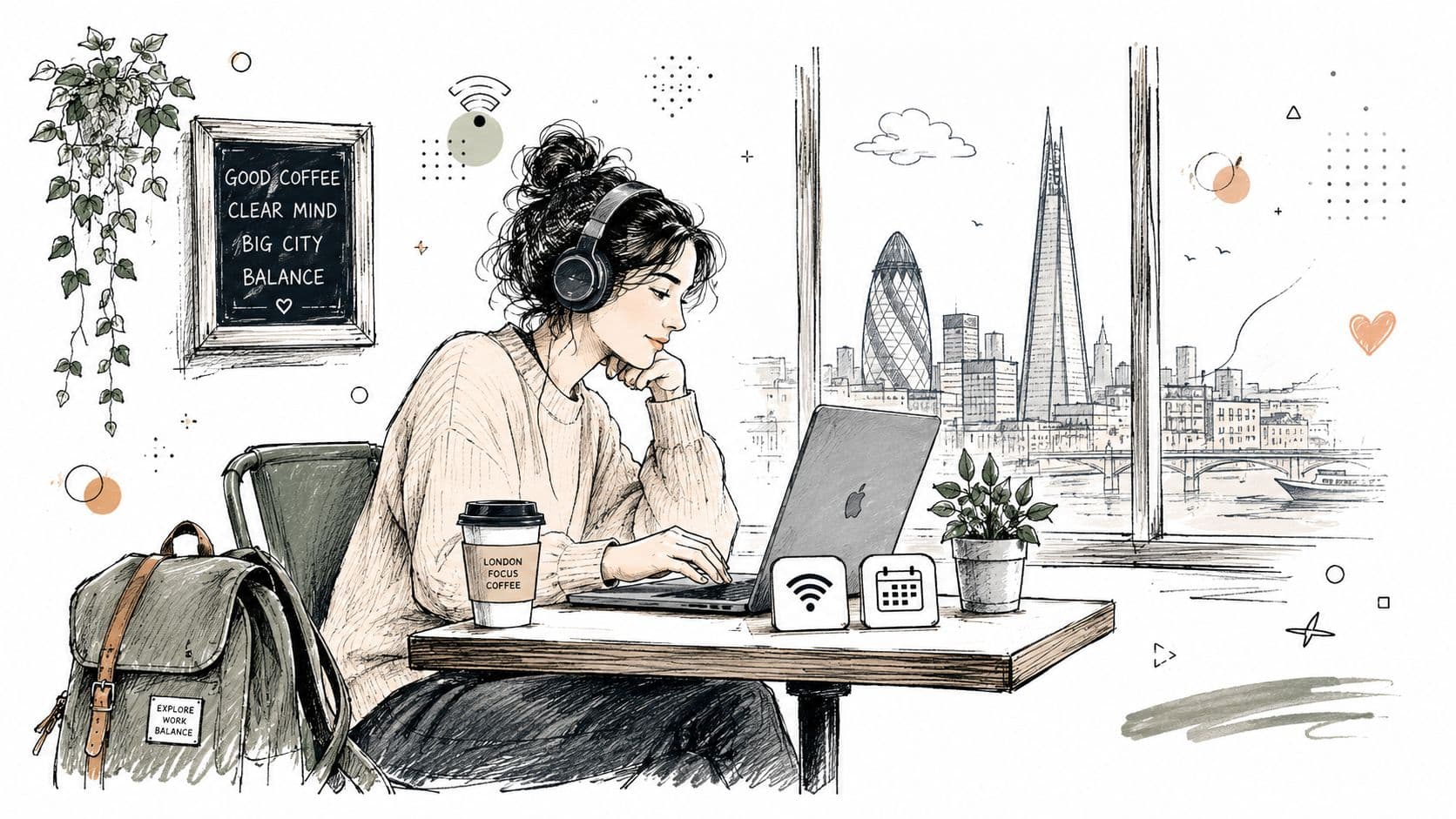 A digital illustration of a woman working on her laptop in a cafe with a London cityscape view.