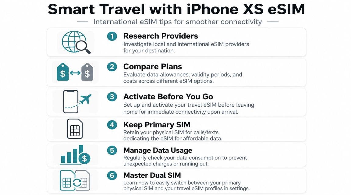 An infographic titled Smart Travel with iPhone XS eSIM providing six tips for using travel eSIMs.