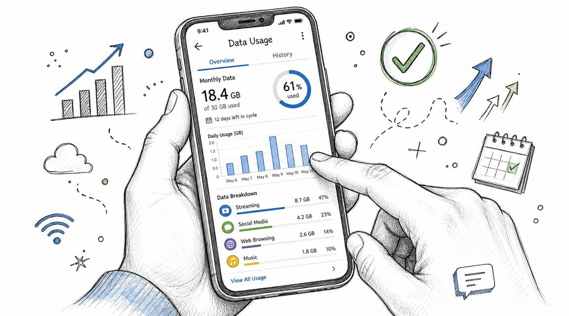 A hand holding a smartphone showing a data usage analytics app with charts and category breakdown.