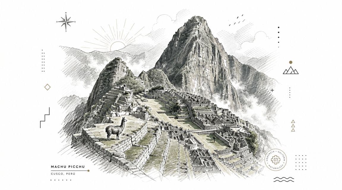 A beautiful sketch illustration of the ancient Machu Picchu ruins with a llama in the foreground.
