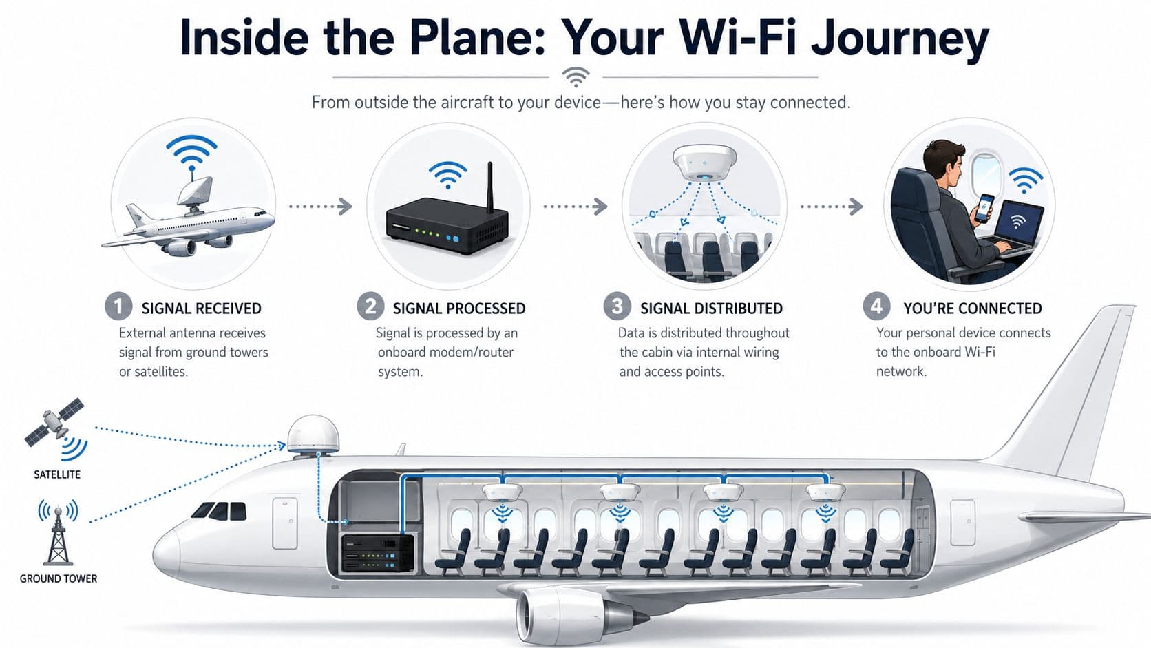 An infographic illustrating how airplane Wi-Fi works from external satellite signals to onboard distribution to passengers.