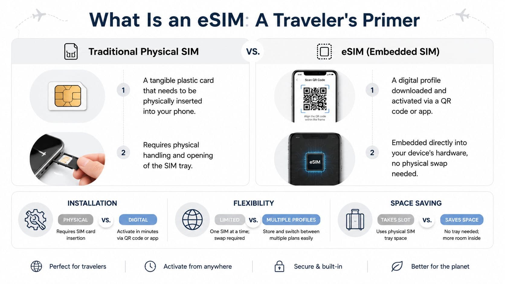 A comparison infographic between traditional physical SIM cards and modern embedded eSIM technology for international travelers.
