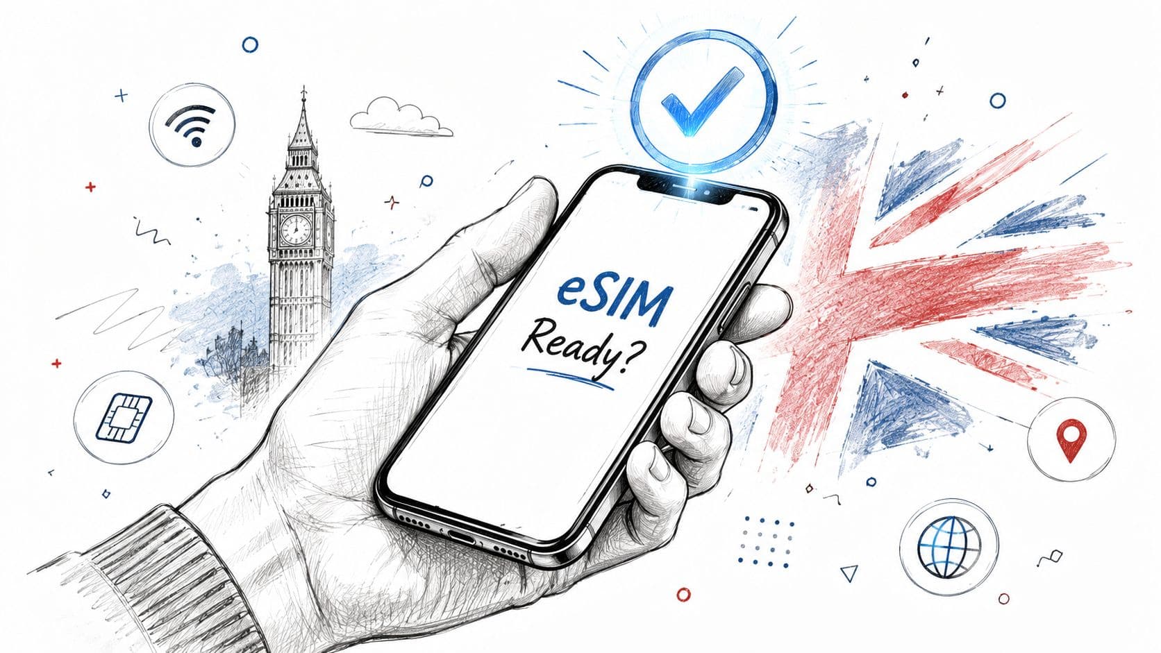 A hand holding a smartphone with 'eSIM Ready?' on the screen, featuring Big Ben and a British flag.