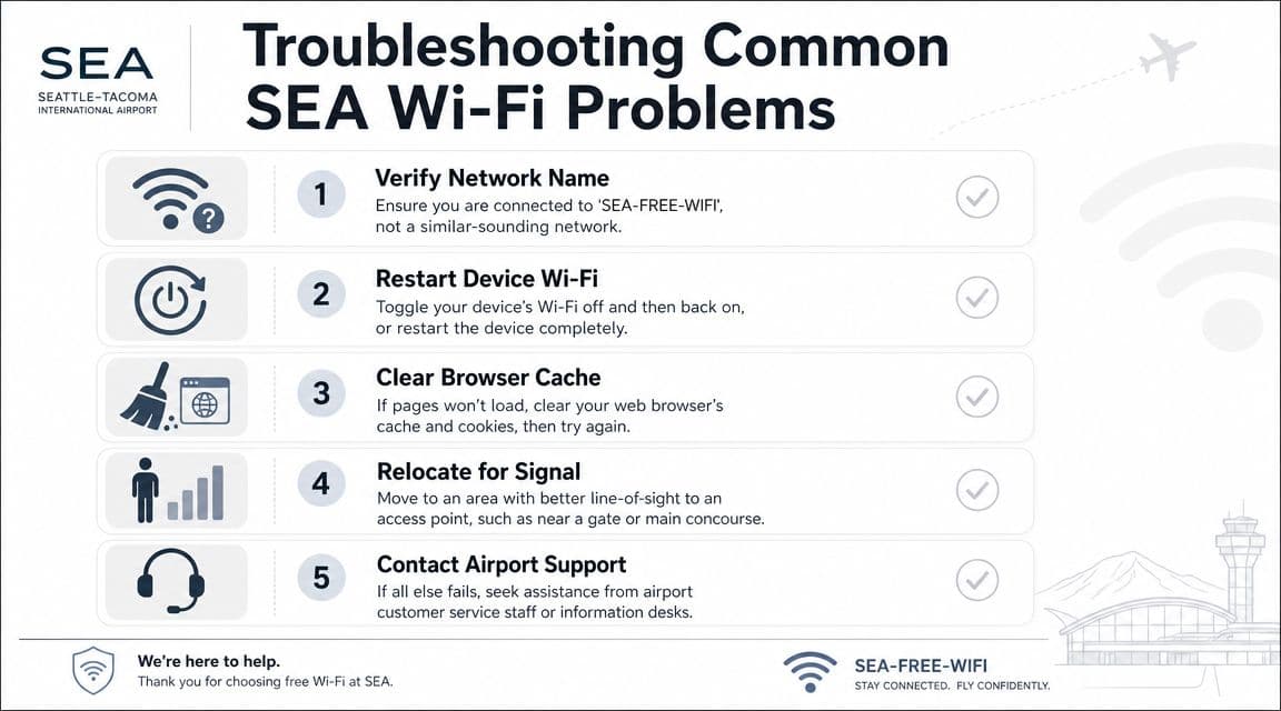 An instructional graphic from SEA Airport showing five simple steps to troubleshoot and connect to public Wi-Fi.