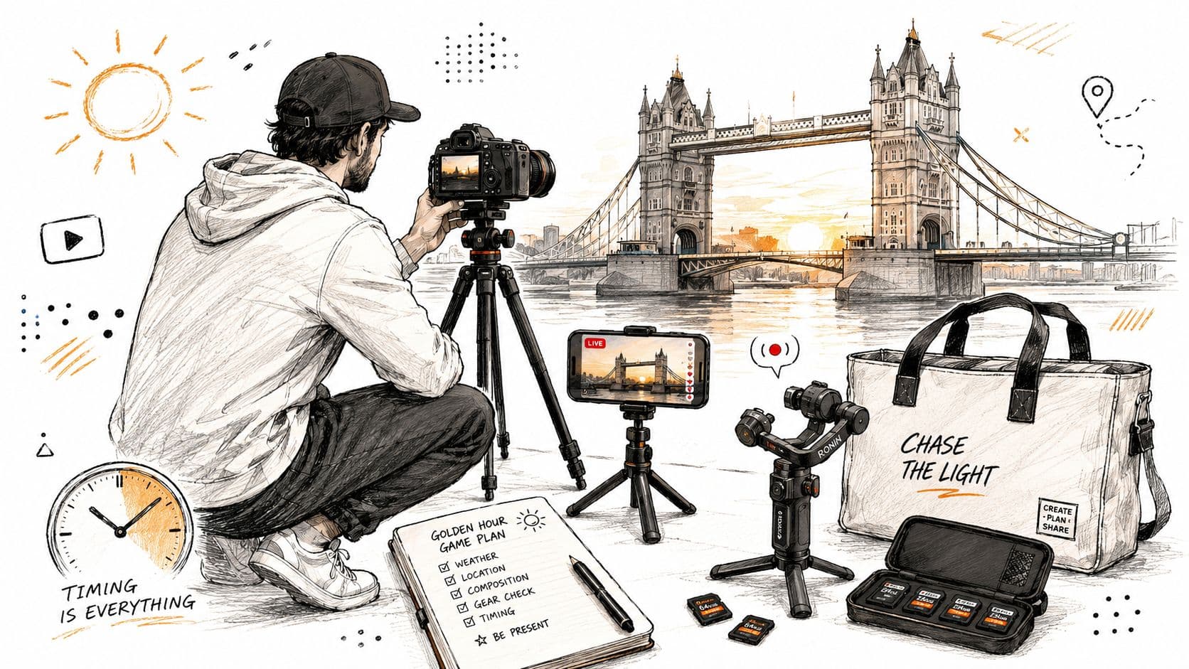 A photographer sketching a golden hour plan with camera equipment in front of the iconic Tower Bridge.