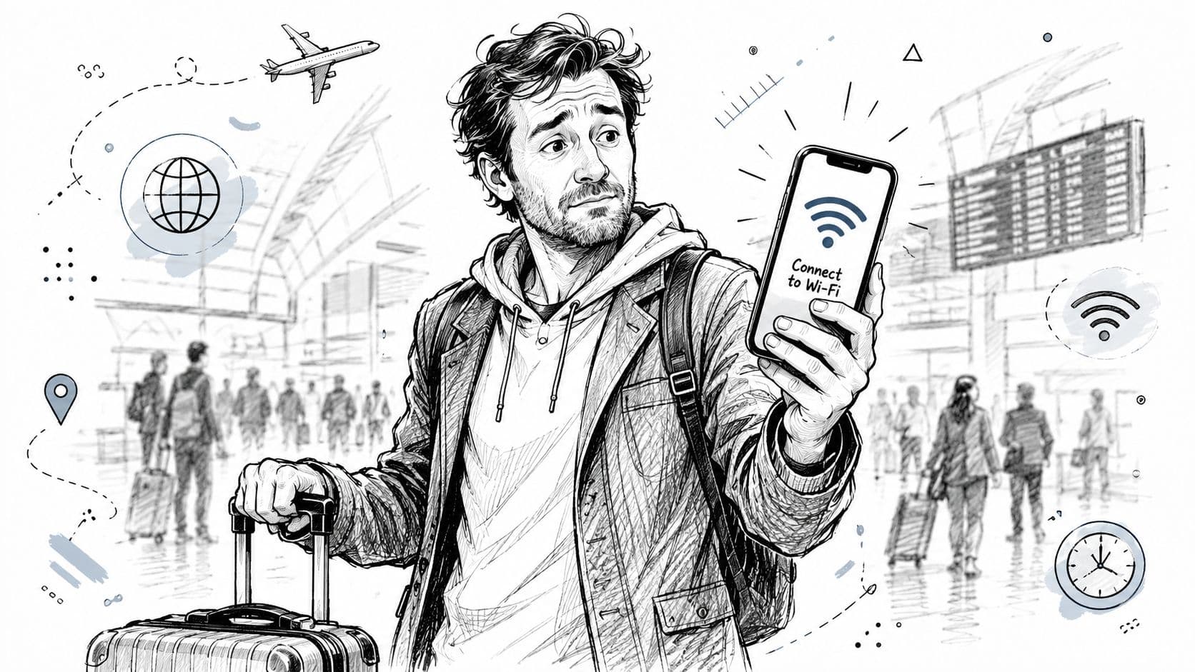 A traveler at an airport terminal looking at their phone screen that displays a Wi-Fi connection prompt.