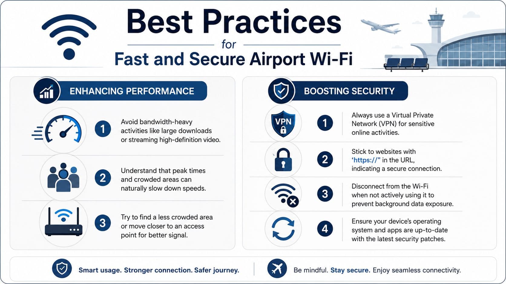An infographic detailing best practices for maintaining fast and secure Wi-Fi connections while at the airport.