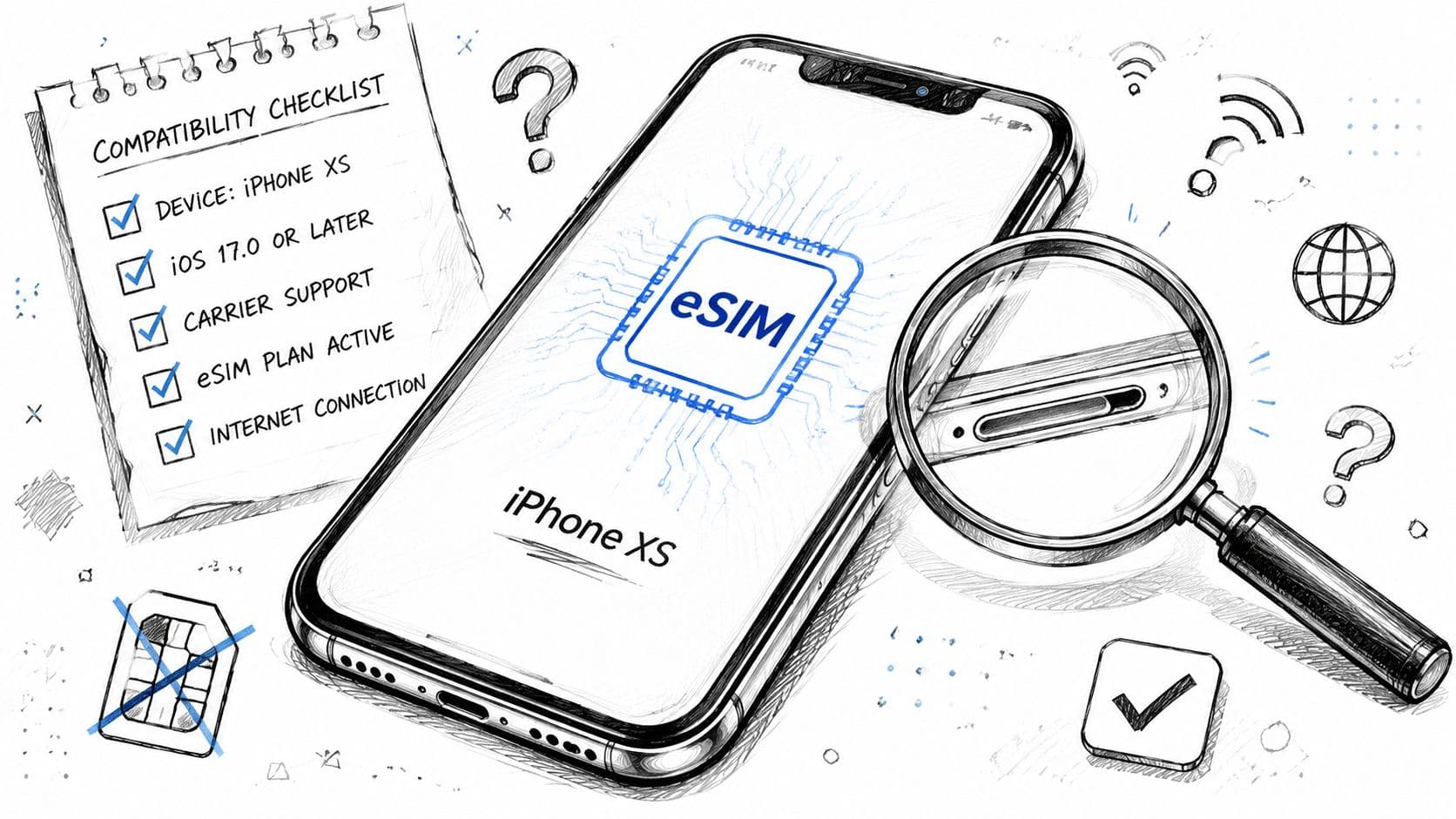 A checklist and smartphone illustration demonstrating the compatibility requirements for setting up an eSIM on an iPhone XS.