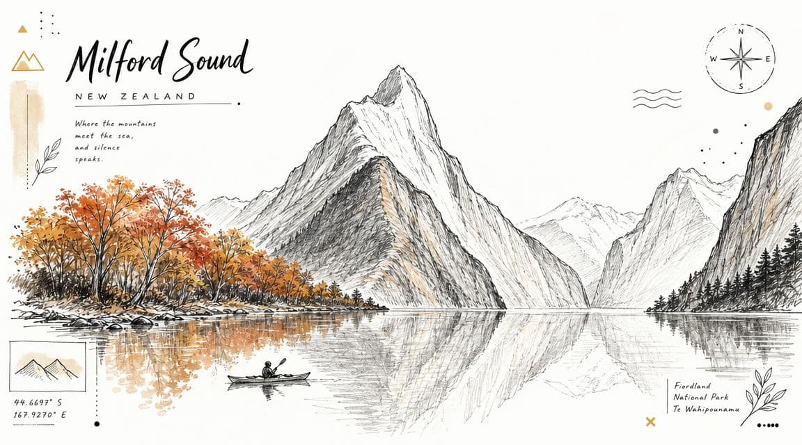 A scenic sketch of Milford Sound in New Zealand featuring calm water, mountains, and a lone kayaker.