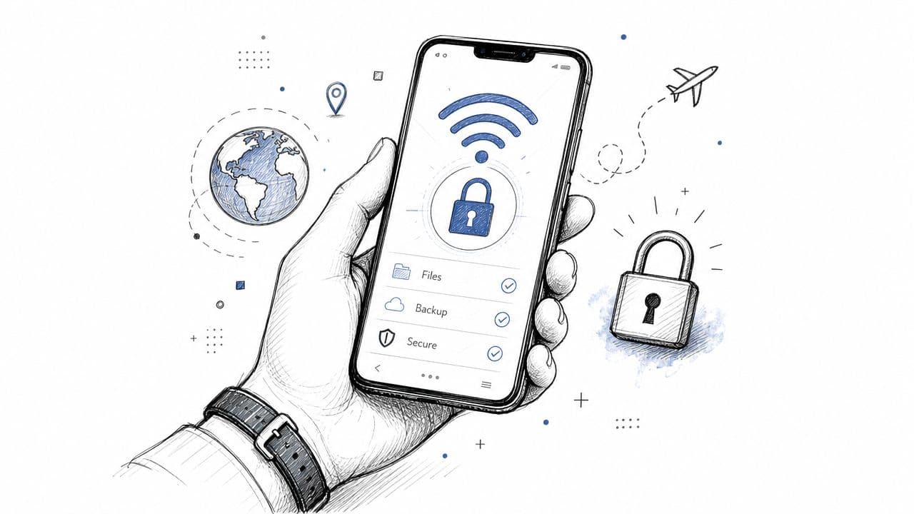 A hand holding a smartphone showing secure file and backup settings, symbolizing protected international mobile connectivity.