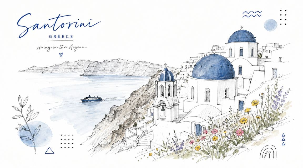 A watercolor illustration of the scenic white buildings and blue domes of Santorini in Greece.
