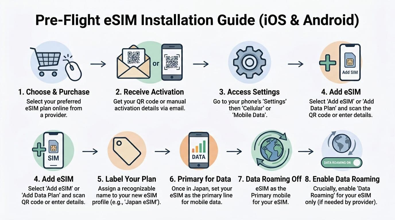 An infographic titled Pre-Flight eSIM Installation Guide for iOS and Android outlining eight simple setup steps.