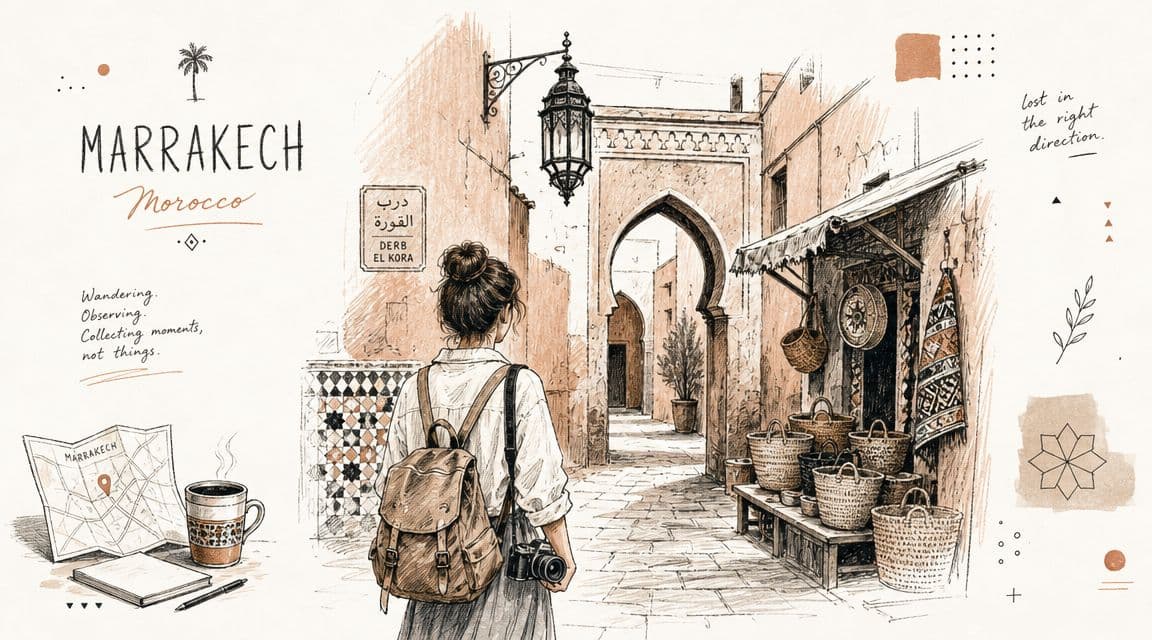 A detailed pencil sketch of a traveler exploring a traditional narrow alleyway in the historic medina of Marrakech.