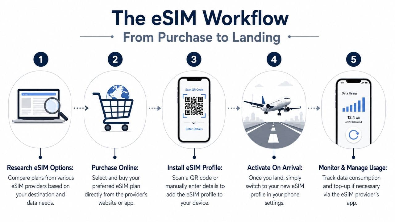 A five-step infographic showing the eSIM workflow process from initial online purchase to monitoring travel data usage.