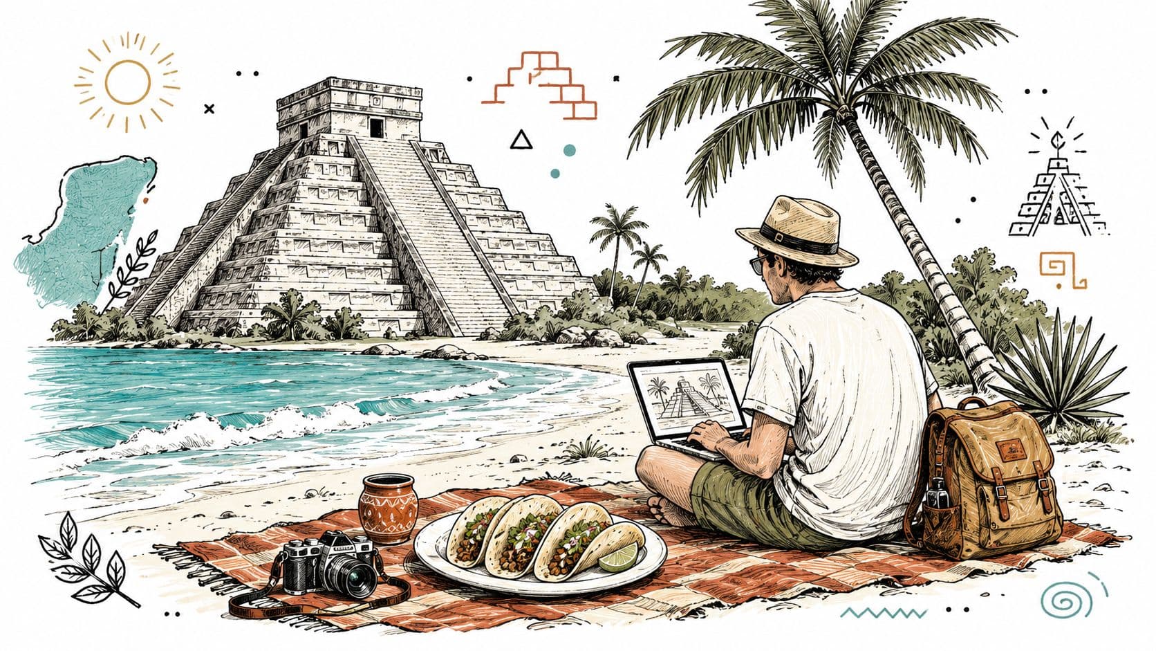 A digital nomad sits on a beach blanket working on a laptop with Mayan pyramids in background.