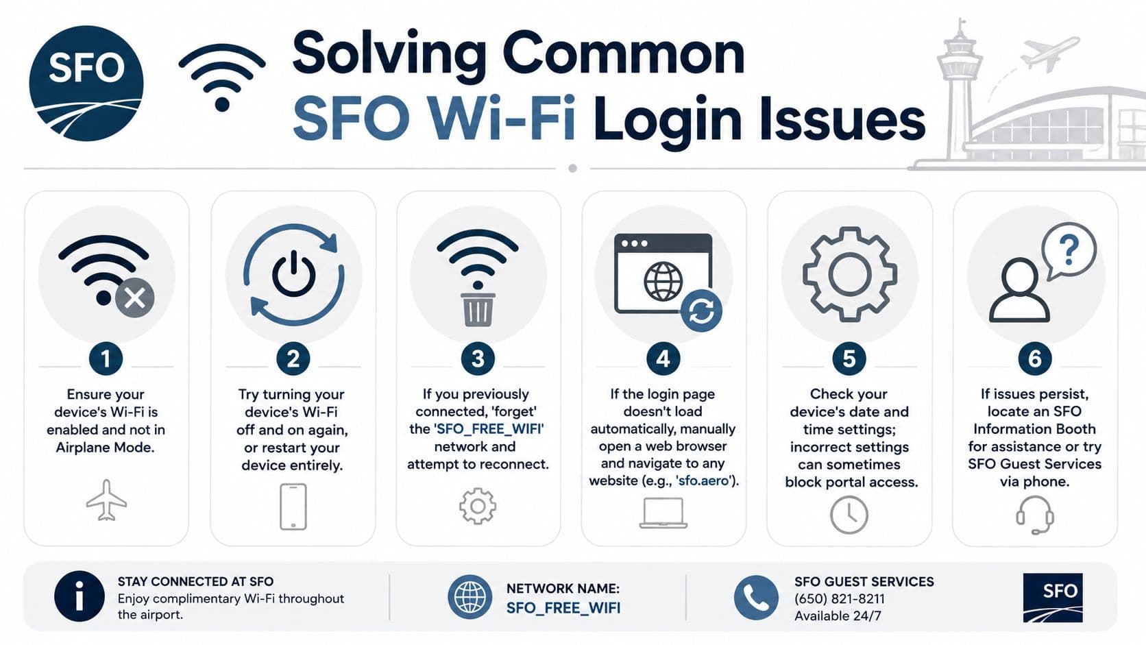 An infographic showing six troubleshooting steps for connecting to free public Wi-Fi at San Francisco International Airport.