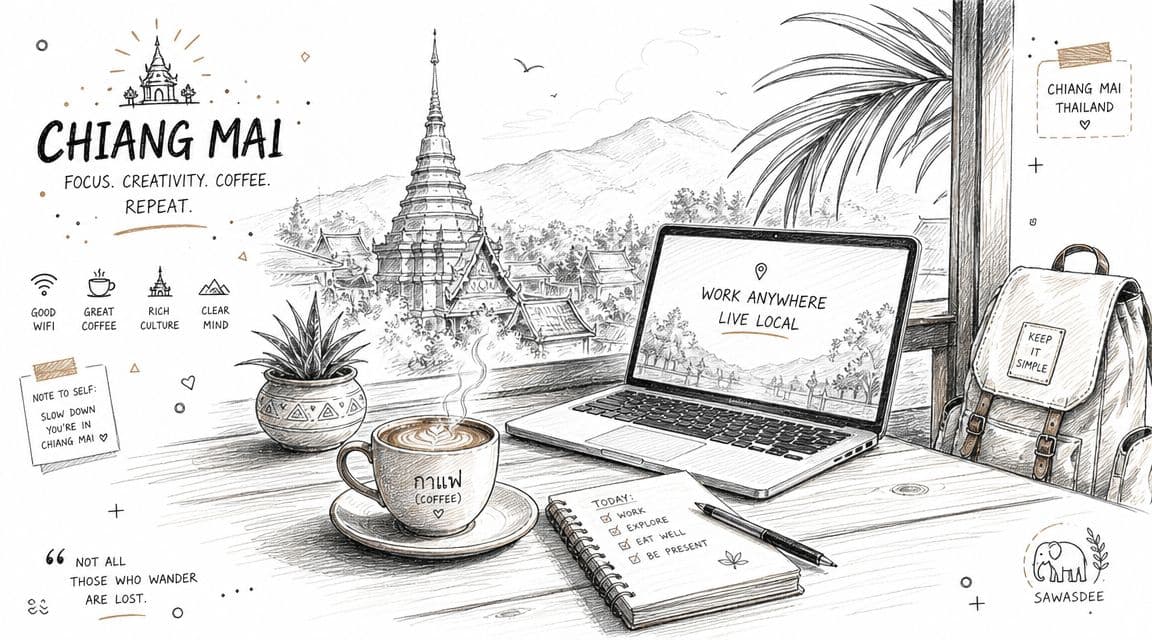 A pencil sketch of a cozy workspace in Chiang Mai, featuring a laptop, coffee, and a notebook.