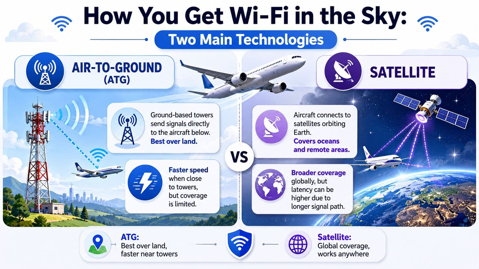 An infographic comparing air-to-ground and satellite technologies used to provide Wi-Fi on airplanes while in flight.