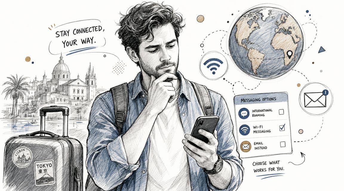 A traveler looking at his smartphone to decide between roaming, Wi-Fi messaging, and email while traveling abroad.