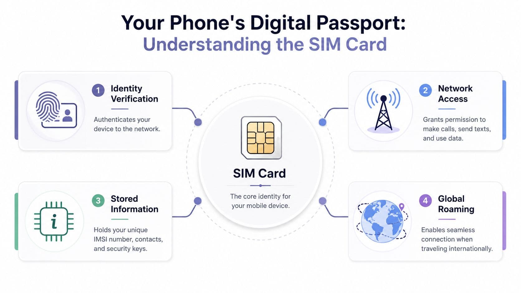 An infographic titled Your Phone's Digital Passport illustrating four key functions of a SIM card.