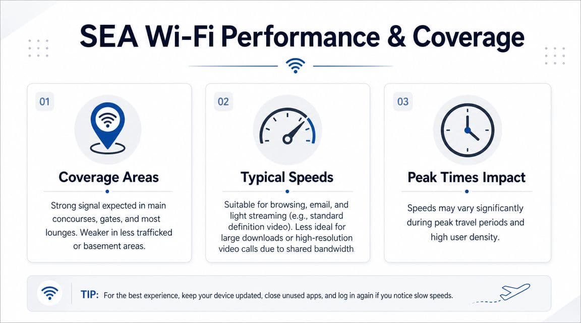 An infographic detailing SEA airport Wi-Fi performance, including coverage areas, typical internet speeds, and peak time impact.