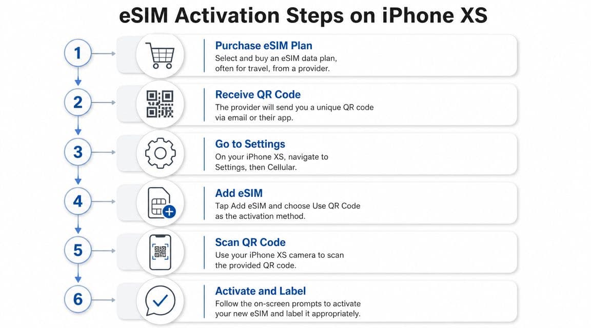A step-by-step infographic showing how to activate an eSIM data plan on an iPhone XS device.