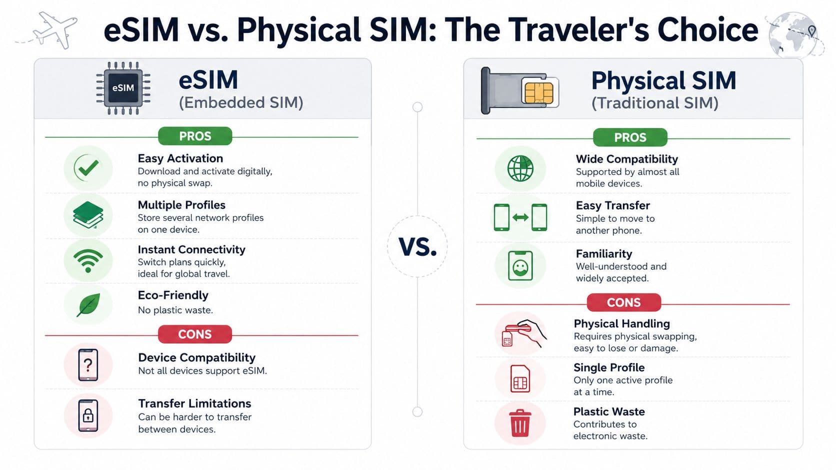 A comparative infographic showing the advantages and disadvantages of using eSIM technology versus traditional physical SIM cards for travelers.