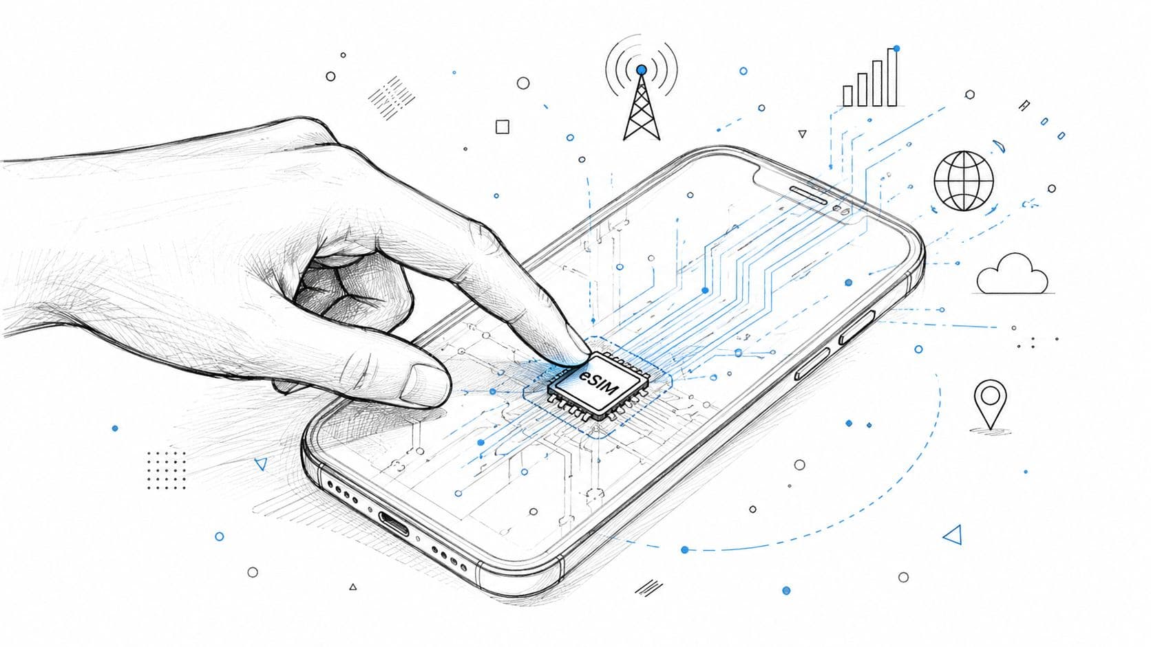 A hand touching a digital eSIM chip on a smartphone screen representing mobile connectivity and communication technology.