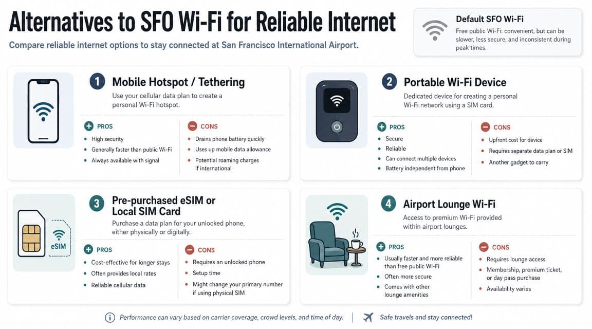 An infographic comparing different reliable internet alternatives to public Wi-Fi at San Francisco International Airport.