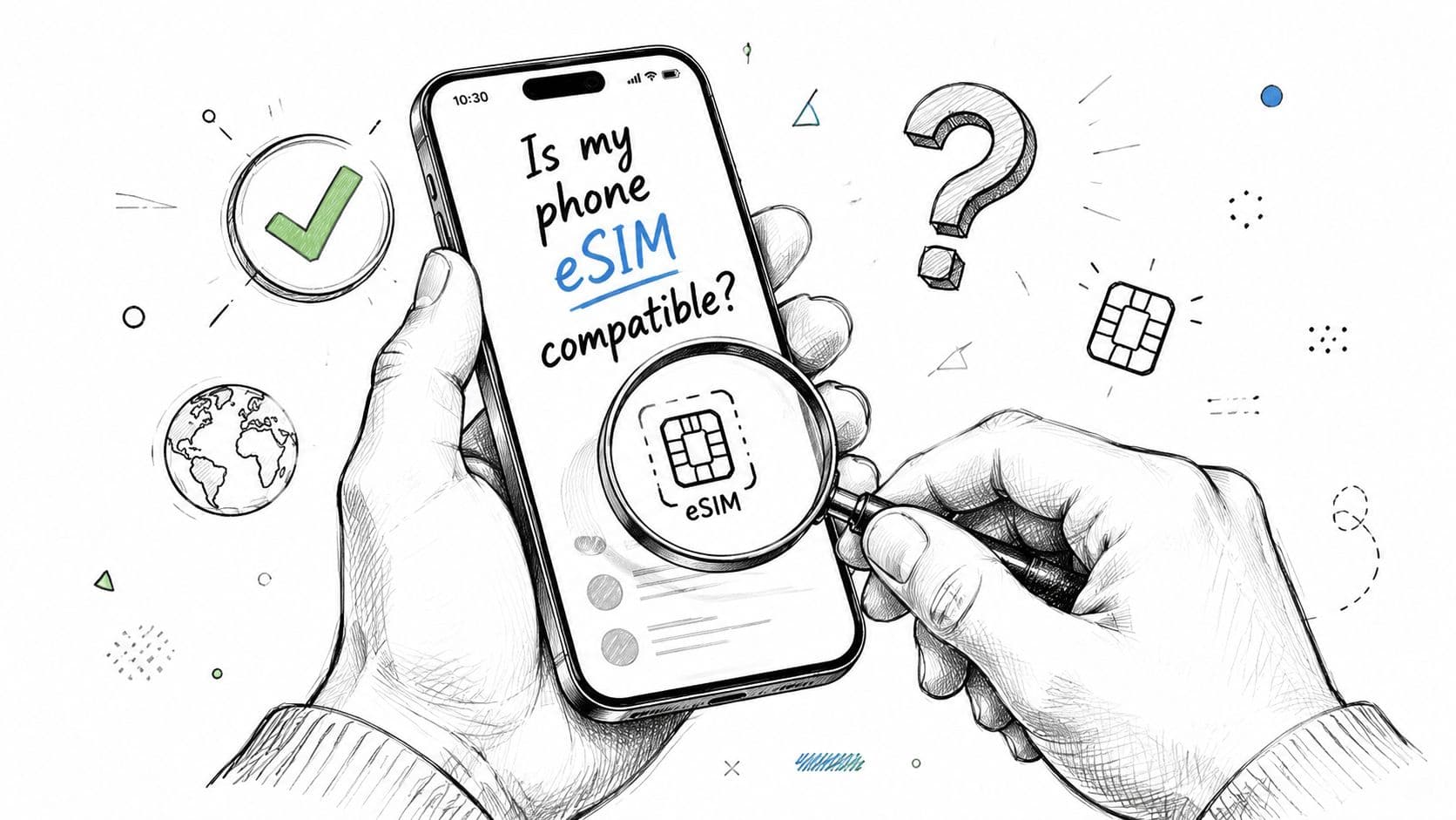 A hand-drawn illustration showing hands holding a smartphone with a magnifying glass examining eSIM compatibility.