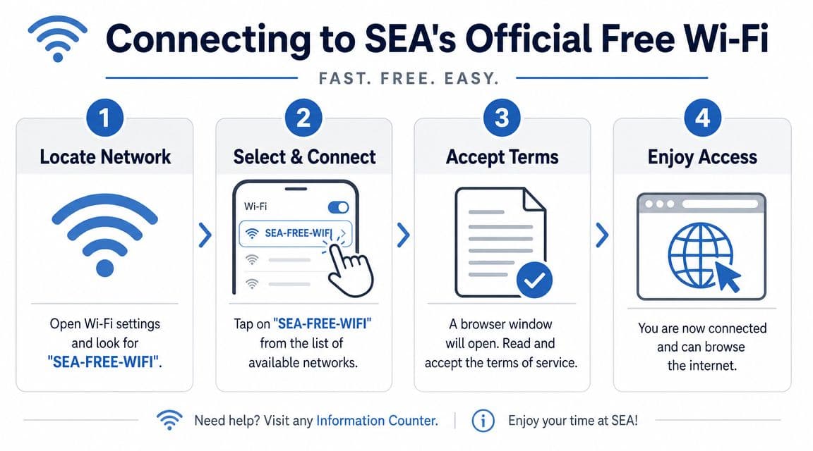 A four-step infographic guide on how to connect to the official free Wi-Fi at Seattle-Tacoma International Airport.