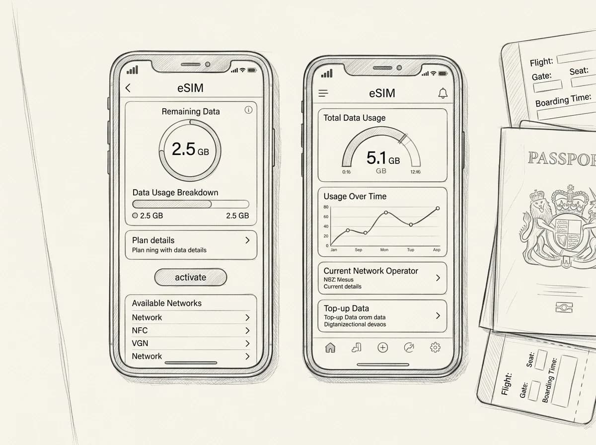 Pencil sketch of two smartphones showing eSIM app dashboards beside a travel passport and boarding pass