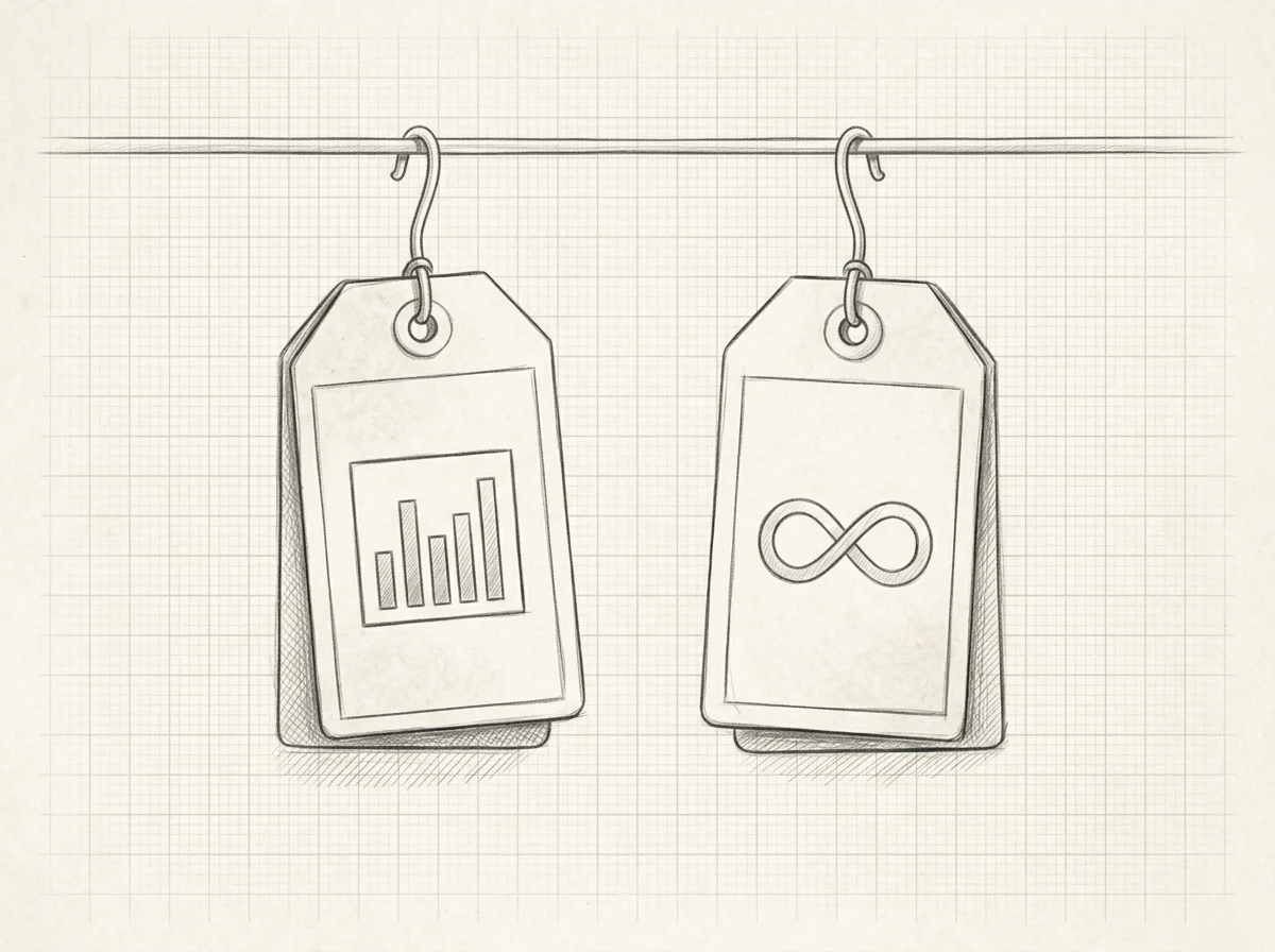 Pencil sketch comparing two eSIM pricing tags — limited data versus unlimited plan