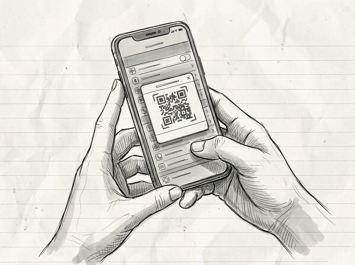 Sketch of hands holding a smartphone showing an eSIM QR code activation screen