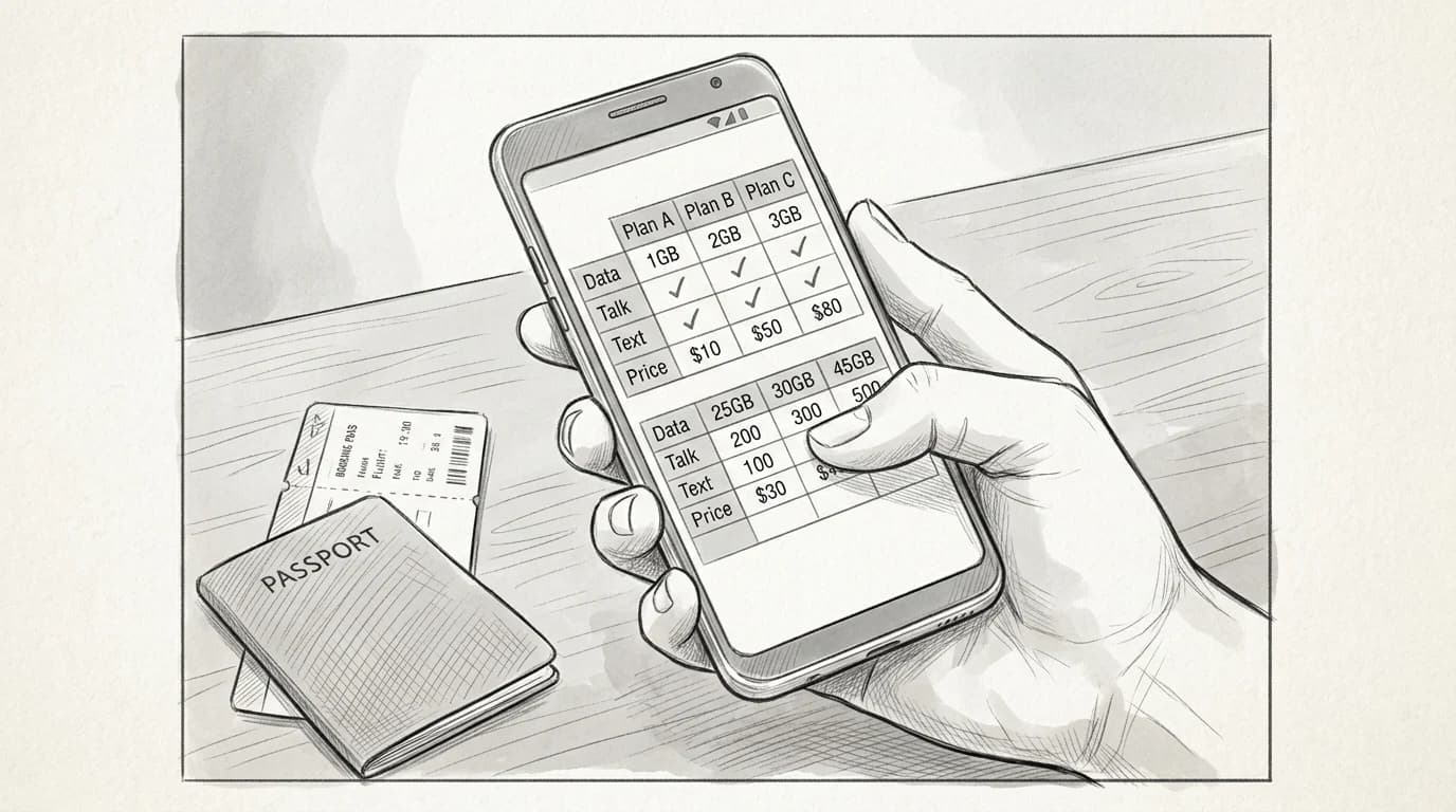 Hand holds Android phone showing eSIM plan comparison table beside a passport and boarding pass