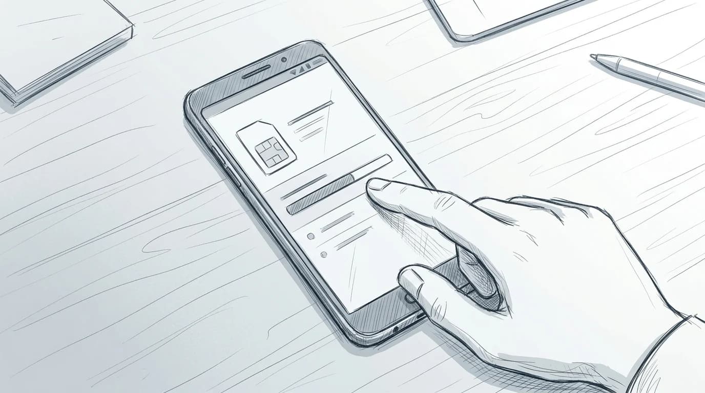 Sketch of an Android phone screen showing an eSIM activation progress screen with a hand tapping the display