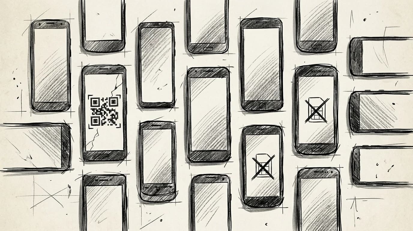 Sketched Android phones of varying models with broken eSIM and QR code symbols scattered across frame