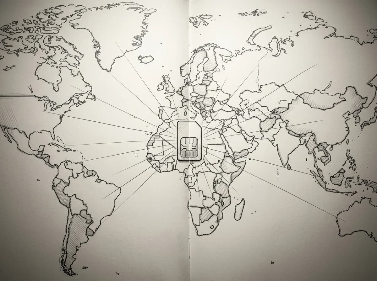 Hand-drawn sketch of a world map with one SIM card connecting multiple highlighted countries