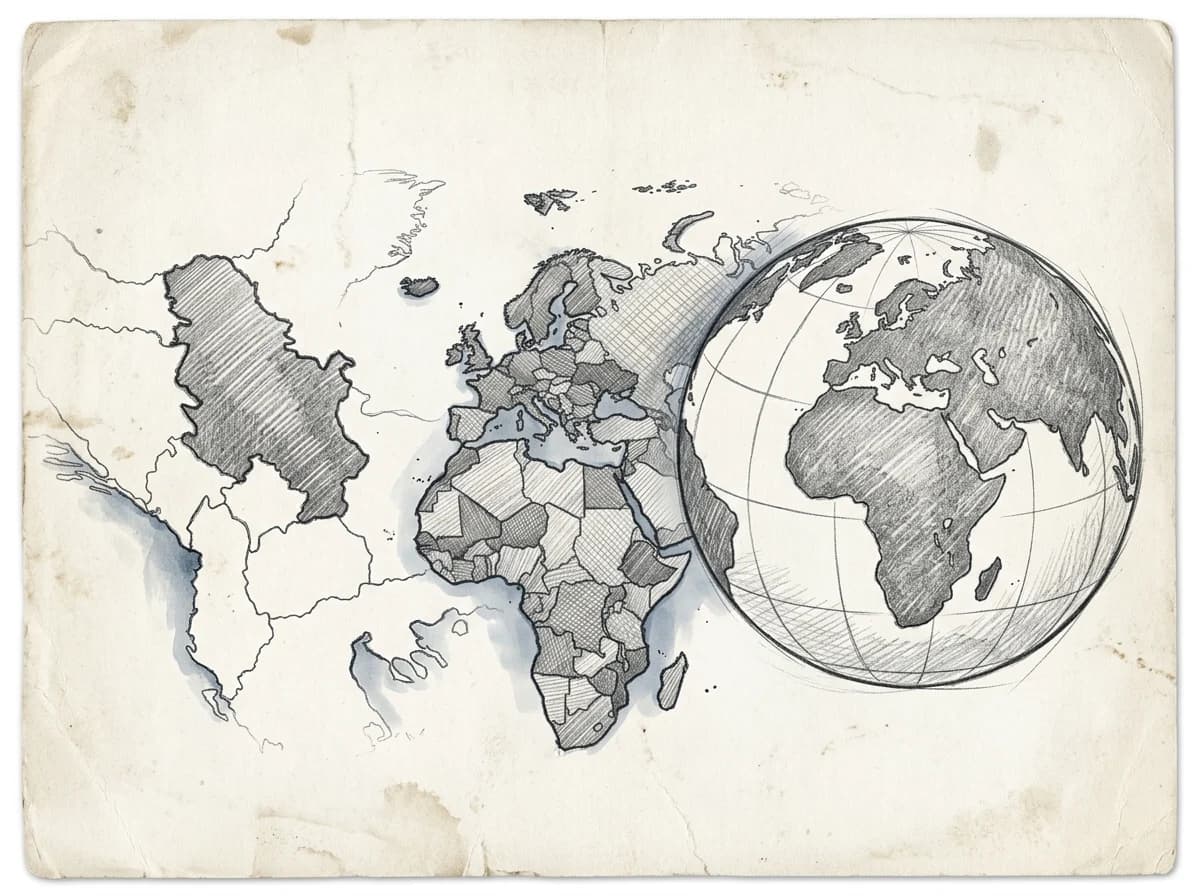 Sketch comparing a single country outline, regional map cluster, and full globe side by side