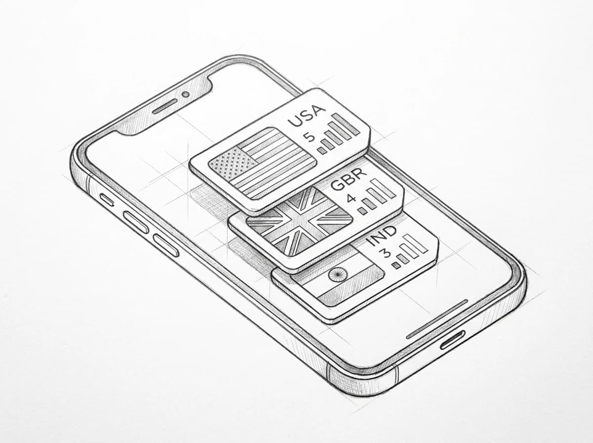 Sketch diagram of a smartphone screen showing three stacked eSIM profiles with signal indicators