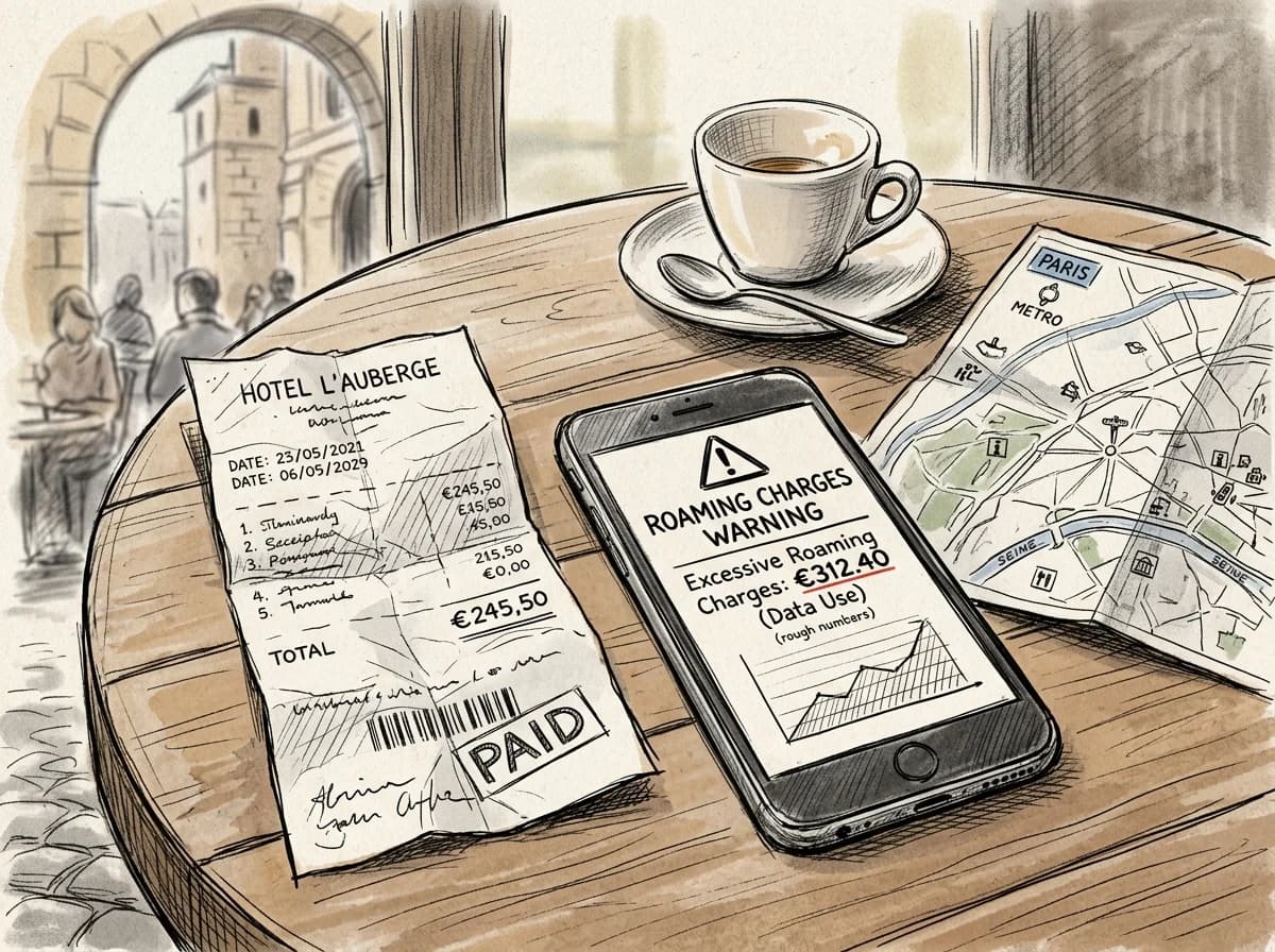Sketch of a phone showing a roaming charge alert beside a crumpled receipt on a café table